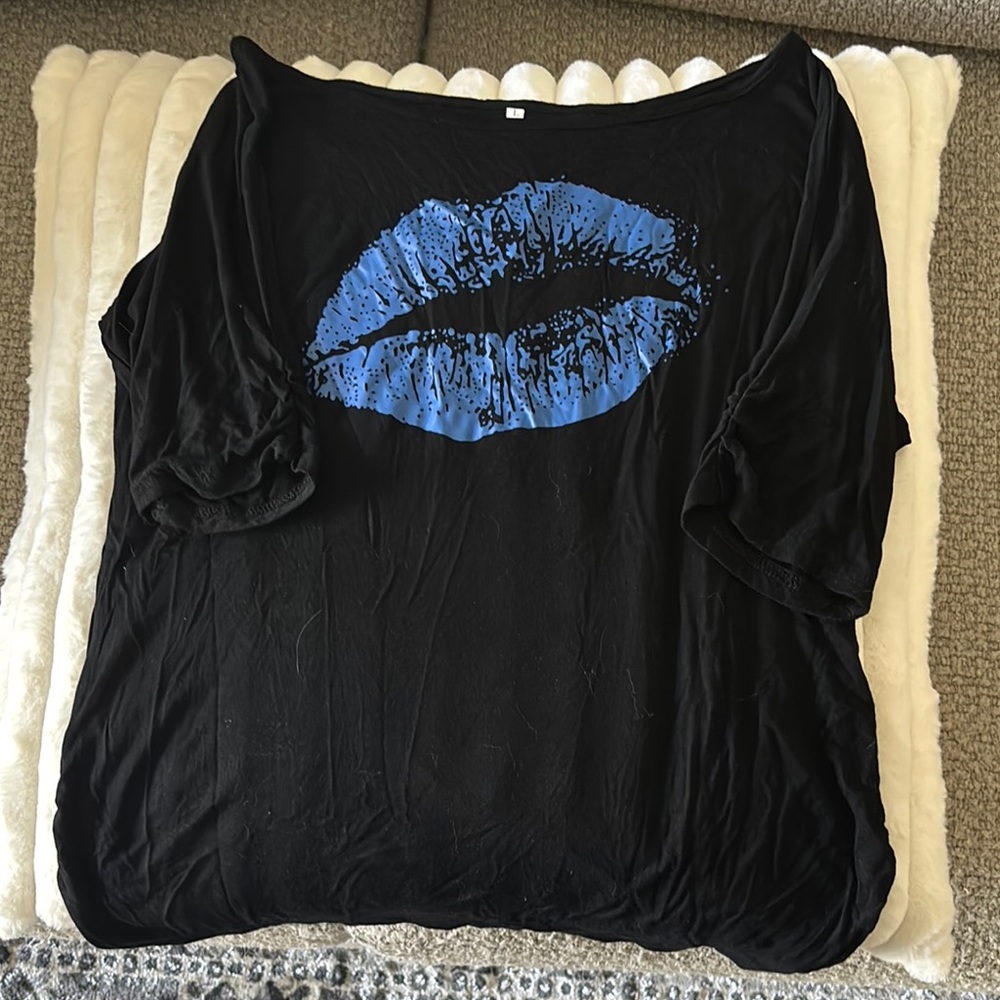 Black Top with Blue Lip Print